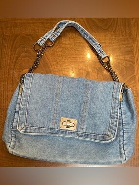 Denim Satchel Chain Handle Turnlock Bag